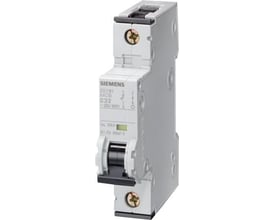 Siemens SENTRON 5SY 1-polet automatsikring med C-karakteristik og 6 A, set skråt forfra.