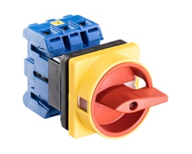 Kraus & Naimer 20A, 3-polet sikkerhedsafbryder med aflåseligt rød/gul greb og 4-punkts frontmontering i plast.