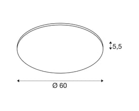 Teknisk tegning af SLV PANEL 60 round LED loftlampe med dimensioner Ø 60 cm og 5,5 cm i højde.