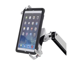 ERGOTRON låsbar tablet holder med poleret finish, vist forfra med en tablet fastgjort i holderen.