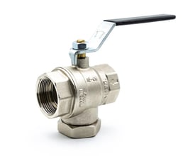 Kuglehane 3/4'' mf/mf i forzinket stål med L-greb og sort håndtag, viser en indbygget magnet og filterfunktion.