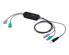 Aten CV10KM-AT-konverter med sammenrullet kabel, USB-stik samt lilla og grønne PS/2-stik til tastatur og mus.