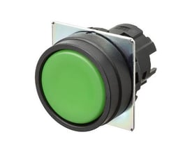 Omron A22NZ trykknap med grøn, flad, momentan hætte og sort plast bezel på hvid baggrund.