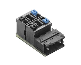 Weidmüller interfacemodul med terminaler og connector i sort, set skråt ovenfra med blå PUSH IN-tilslutninger.