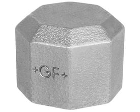 Georg Fischer galvaniseret slutmuffe i stål til 1/4" rør med udvendig sekskantet form og +GF+ logo.