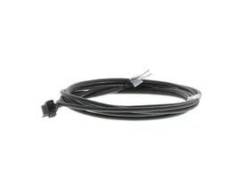 Omron G5-serien servobremsekabel, 5m, sort, med stik i den ene ende og åbne ledninger i den anden, præsenteret opbundet.