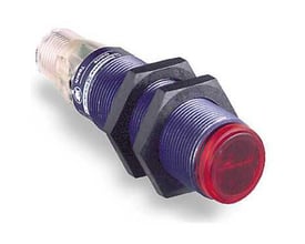 Schneider Electric Foto M18 diffus sensor med 0,6m rækkevidde, PNP NO og M12 stik på hvid baggrund.