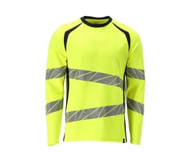 Mascot langærmet Hi-Vis T-shirt i gul med mørkeblå detaljer og tværgående reflekser på ærmer og krop.