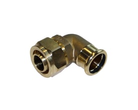 Henco 90° overgangsbøjning i messing, 26 x 22 mm, med kompressionsmuffe og pressetilslutning, set skråt forfra.