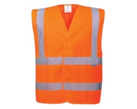 Portwest Hi-Vis vest i orange, størrelse S/M, med synlige reflekterende bånd over bryst og talje.