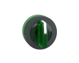Et Schneider Electric Harmony XB5/ZB5 drejegreb flush med grøn belysning og tre positioner isoleret på en hvid baggrund.