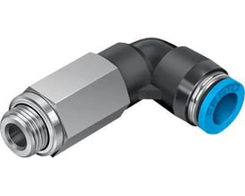 Festo QSLL-G1/2-16 vinkel-forskruning med 360° drejefunktion, grå metal og sort plast med blå tryk-udløser.