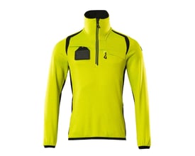 Mascot fleecetrøje med kort lynlås i Hi-Vis gul og sort, str. XL, vist forfra med synlig ID-kortholder og lommer.