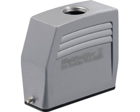 Weidmüller kabelhus størrelse 5, grå, til 1xM20 kabelforskruning i top, med 1 bøjle, vist fra siden.