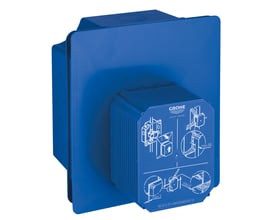 Grohe Rapido U indbygningskasse i blå plast, frontvisning med installationsvejledning.