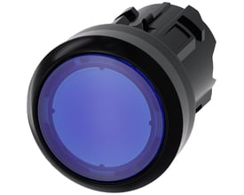Siemens Sirius Act 22mm rund oplyst trykknap i sort plast med en klar blå knap, der vender mod højre.