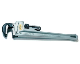 Sideprofil af Ridgid 18" aluminiumsrørtang, der viser kæber, justeringsmekanisme og mærket 'Ridgid Aluminium HD'.