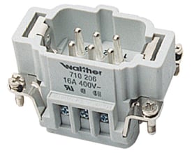 Multistik indsats B Han fra Walther, 6-polet, 16A, 400V, mærket 710 206 med skrueklemmer og metalbøjle.