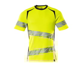 Mascot Hi-Vis T-shirt, gul/mørkeblå, viser et tættere kig på materialet og de skrå tværgående reflekser for øget synlighed.