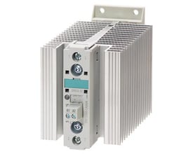 Siemens solid-state kontaktor 3RF2340-1BA22 med 40A kapacitet og 24-230V/110-230VAC spændingsområde, vist forfra med køleplade.