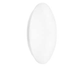Hvidt, rundt LEDVANCE Surface Circular Zigbee Direct Easy LED-armatur set skråt forfra med en bred, jævn lysflade.
