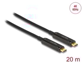 DeLock Active Optical USB-C videokabel på 20 meter, sort med guldbelagte stik, understøtter 4K 60Hz.