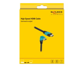 Delock HDMI-kabel i gul retail-emballage med illustration af det 90° nedadvinklede stik, 8K og 3 meters længde.