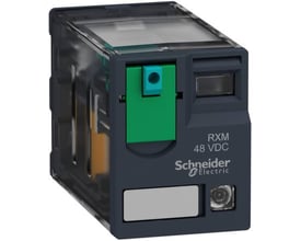 Schneider Electric RXM stikbensrelæ med 12V DC forsyning, 2 CO kontakter, testknap og grøn LED-indikator.