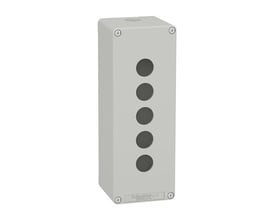 Schneider Electric Harmony XAP trykknapkasse i grå metal med 5 huller til 22mm trykknapper, model XAPD4505.