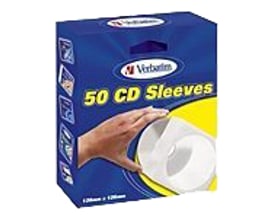 Verbatim papirlomme til CD- og DVD-skiver vises på blå og gul emballage med illustration af en skive.