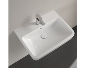 Oversigtsbillede af Villeroy & Boch O.novo 60 cm hvid håndvask, med krom vandhane og afløb, placeret på en mørk bordplade.