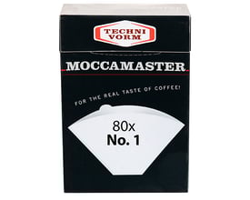 Moccamaster kaffefilter, størrelse 1, hvid. Pakken indeholder 80 stk. kaffefiltre, der er iltbleget og miljøvenlige.