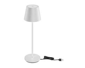 V-TAC mini hvid bordlampe på en hvid baggrund med en sort USB-ledning tilsluttet opladningsbasen.