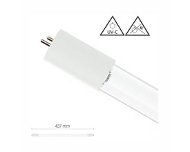 SpectrumLED TUV UVC-lysstofrør på 15 W med T8-fatning, vist skråt med UV-C-symboler og målangivelse på 437 mm.