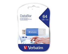 Verbatim DataBar USB 2.0 flash drive med 64 GB lagerkapacitet i blå, vist i sin emballage.