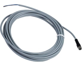 Schneider Electric gråt PVC sensorkabel, 3-polet M8 hun lige stik, 5 meter langt, afbilledet spredt ud på en hvid baggrund.
