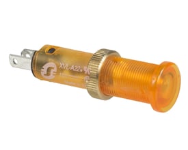 Schneider Electric gul LED-indikator Ø8 med 12V DC forsyning og XVL-A22 modelnummer.