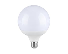 V-TAC G120 LED pære i plast med E27 fatning, hvid glaskugle og skinnende metalfod.