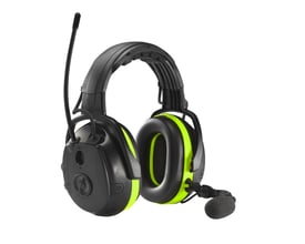 Hellberg Secure 2H Multi-Point høreværn set fra siden, med fokus på knapper og neon grønne detaljer for komfort og funktion.