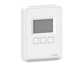 Schneider Electric SpaceLogic SLP vægmonteret luftkvalitetssensor med LCD-display og tre kontrolknapper i mat hvid finish.
