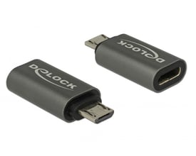 Delock adapter, grå, med USB 2.0 Micro-B hanstik til USB Type-C 2.0 hunport. Viser begge sider af adapteren.
