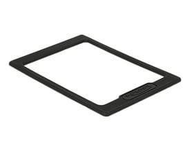 Sort Delock-forlængerramme til 2,5″ HDD og SSD set skråt oppefra med åbent midterfelt og præget logo.