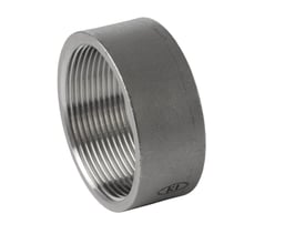 Halvmuffe i rustfrit stål med 3/4" BSPP-gevind, 33,6 mm udvendig diameter, støbt udformning på hvid baggrund.