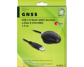 Emballagen viser DeLock Navilock EVA-M8Q USB-GNSS-modtager med sort modtager, kabel og USB-stik.