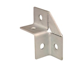 Walraven Rapidstrut vinkelbeslag i rustfrit stål, 90° 2D, med vinkelrette plader og skråt afstivningsstykke.