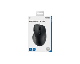 Deltaco Wired Silent Office mus i sort emballage, fremhæver 1600 DPI og 5 års garanti.