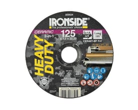 Ironside Ceramic 2-in-1-skæreskiven på 125 x 1,6 mm ses forfra som en sort, rund skive med centerhul og gul tekst.
