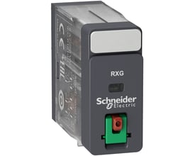 Schneider Electric Harmony RXG stikbensrelæ med 2 C/O kontakter, 5A mærkestrøm og 230 VAC forsyning, med tydelig RXG og Schneider Electric logo.