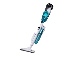 Sidevisning af Makita 18V kulfri støvsuger, fremhæver det gennemsigtige støvbeholder og ergonomiske håndtag.