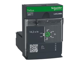 Schneider Electric kortslutudløser LUCLX6BL med 24VDC, indstillingsområde 0,15-0,6A og et drejehjul til justering af strøm.